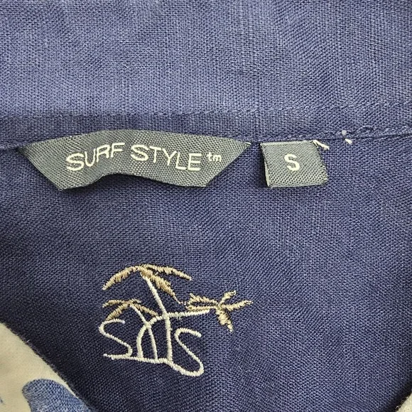 Surf Style Co Shirt Mens Small Linen Blend Blue Button Down Palm Hawaiian Floral - Picture 4 of 5